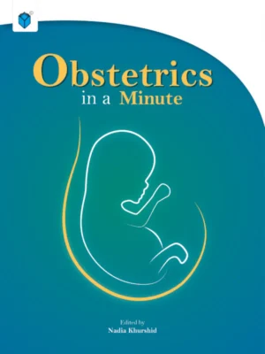 A pregnant woman's outline and a stethoscope are depicted in Obstetrics in a Minute, a thorough manual on pregnancy, childbirth, and postpartum care.