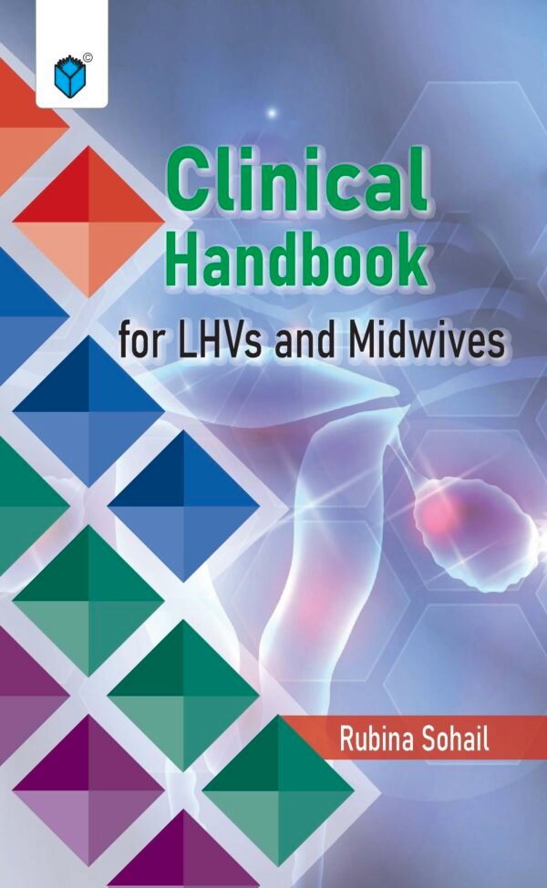Cover page of the Clinical Handbook for LHV and Midwives with a medical device and a compassionate healthcare provider