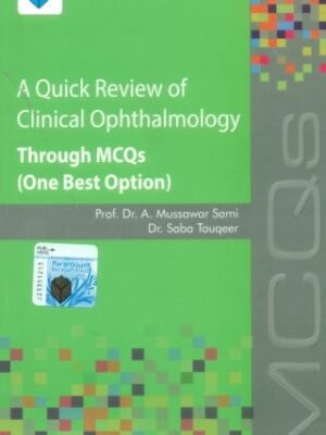 The words "Review of Ophthalmology" are inscribed on a stack of review volumes, which are framed by medical supplies and eyeglasses.
